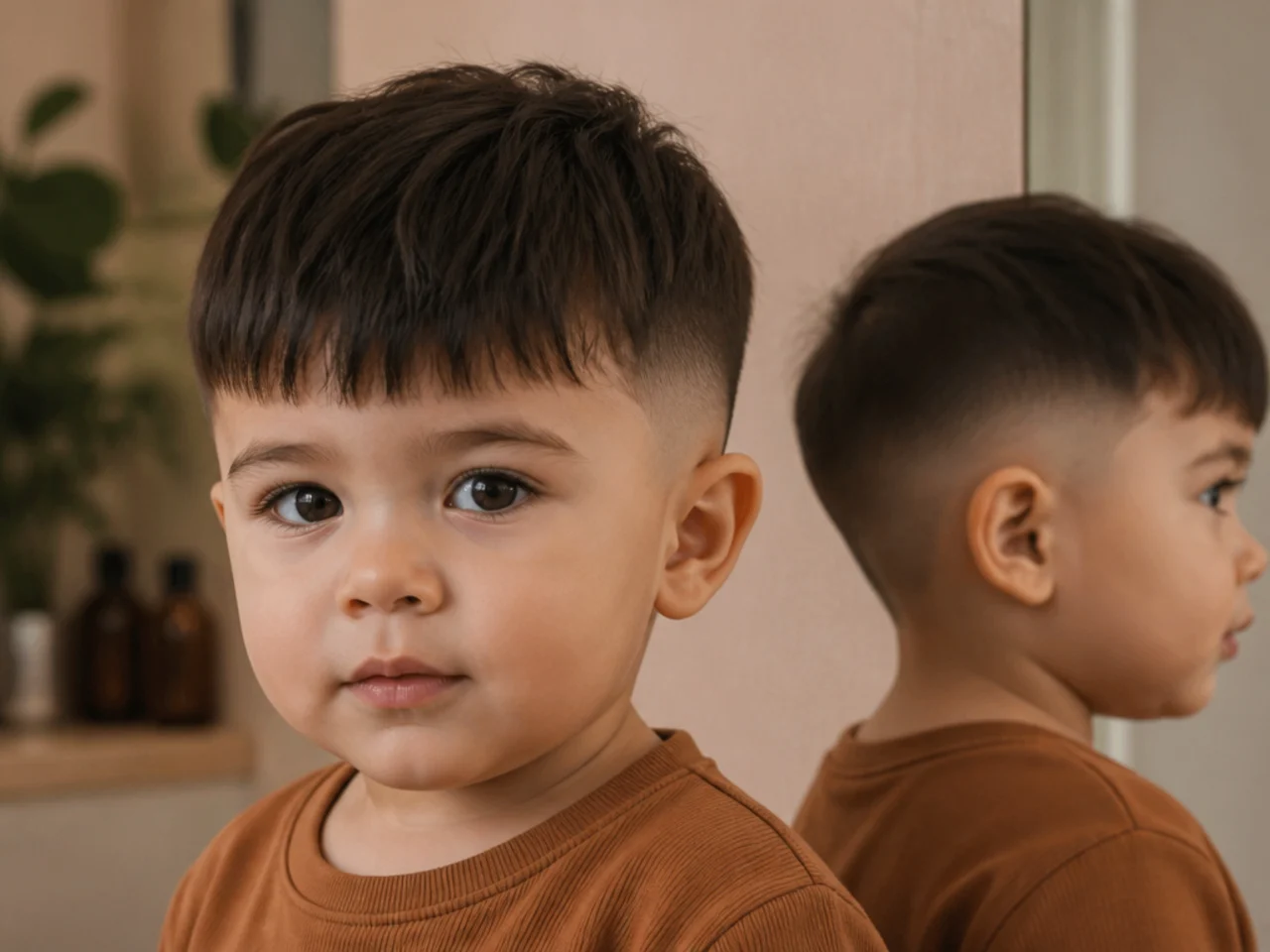 Front view of a toddler with a heavy fringe and short sides