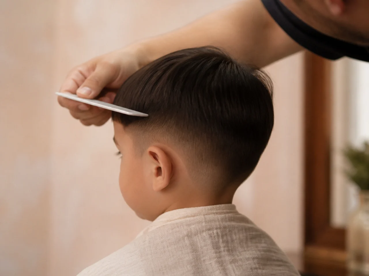 A parent combing a toddler's fringe flat to check the cut