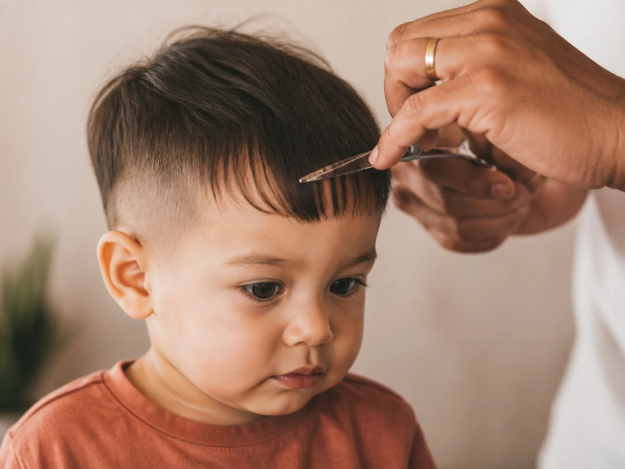 A parent trimming a toddler's fringe between full haircuts