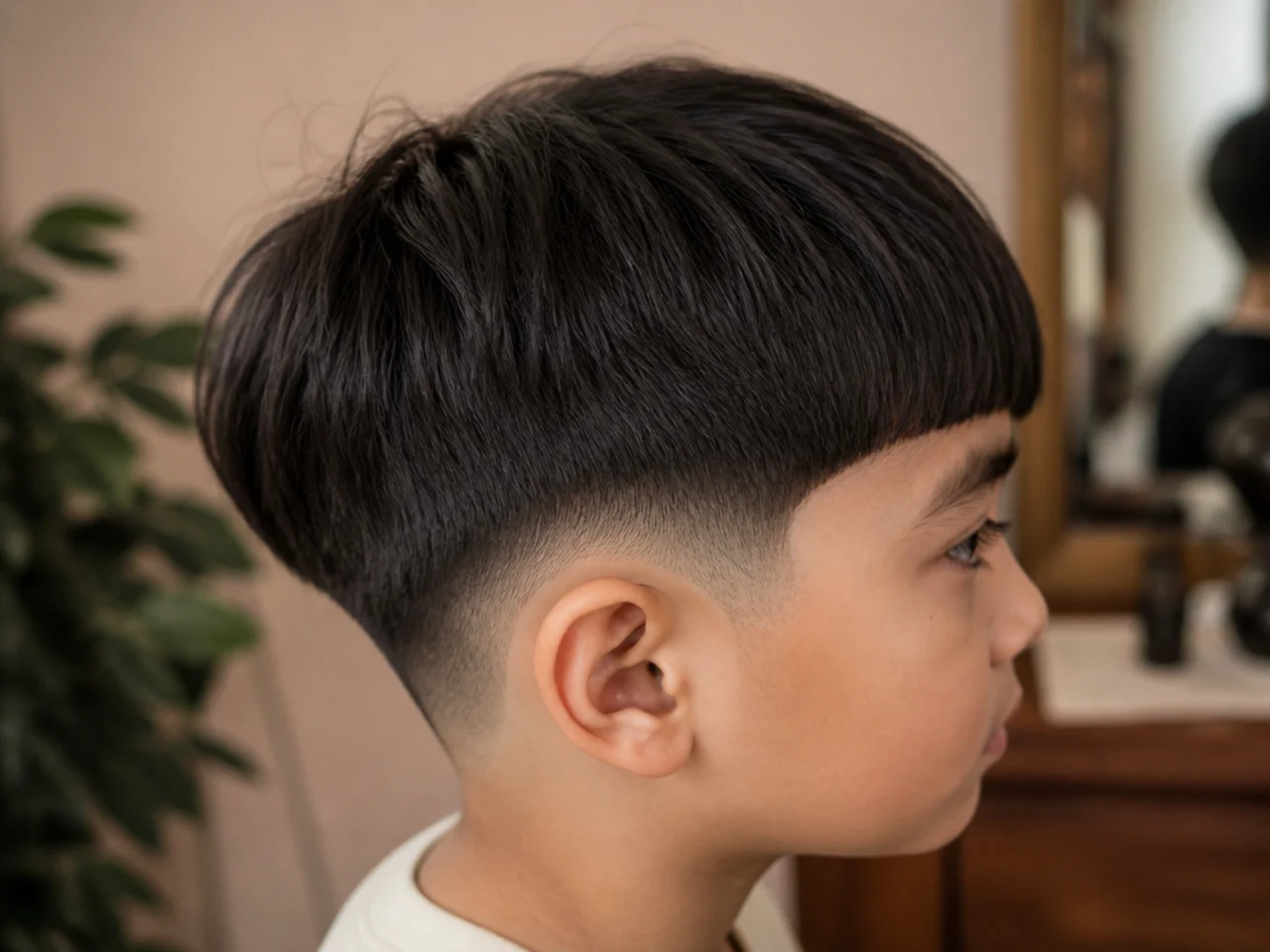 A boy with a two block haircut and blunt perimeter
