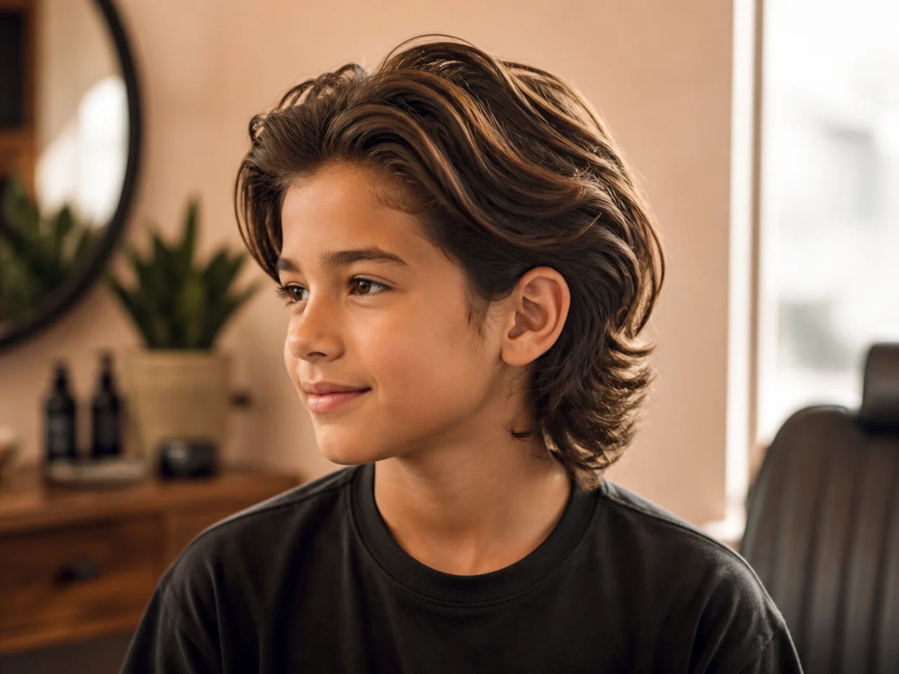 A boy with longer hair pushed back off the face