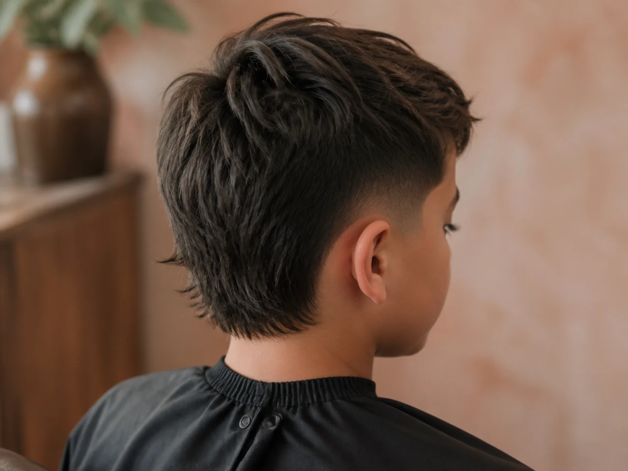 A boy with a short mullet cut above the collar