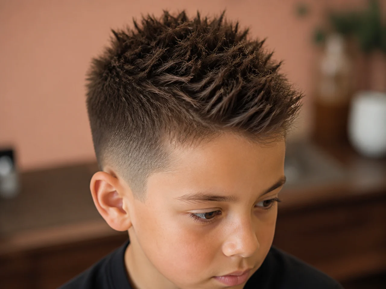 A boy with short spiky hair and clipped sides