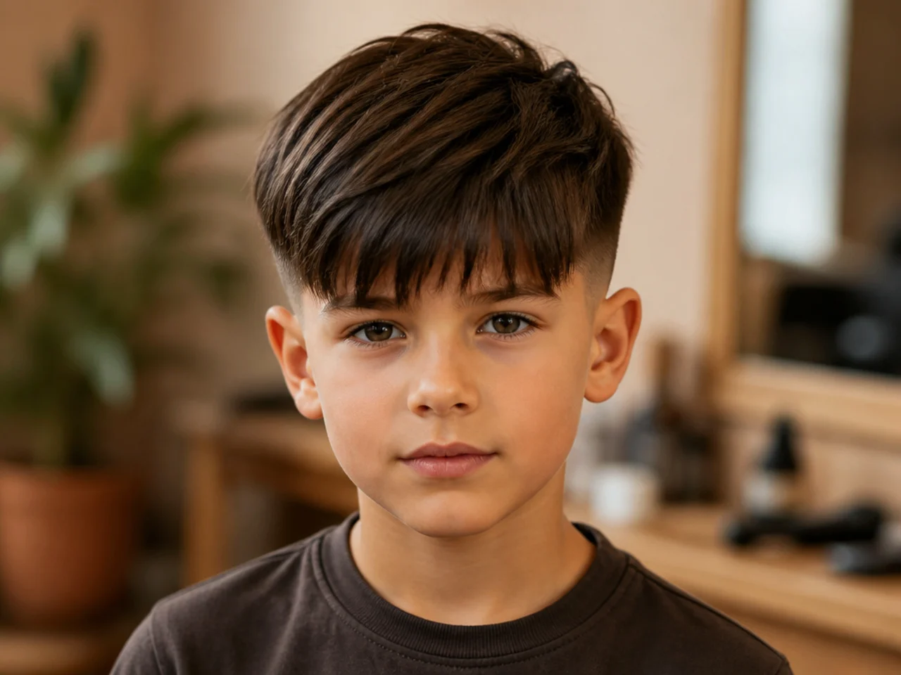 A boy with a heavy fringe and a mid taper