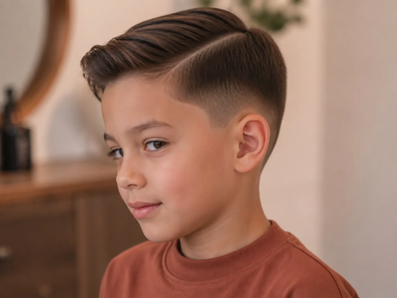 A boy with a side part and short tapered neckline