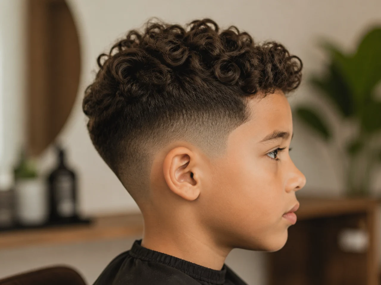 A boy with a curly top and a low taper