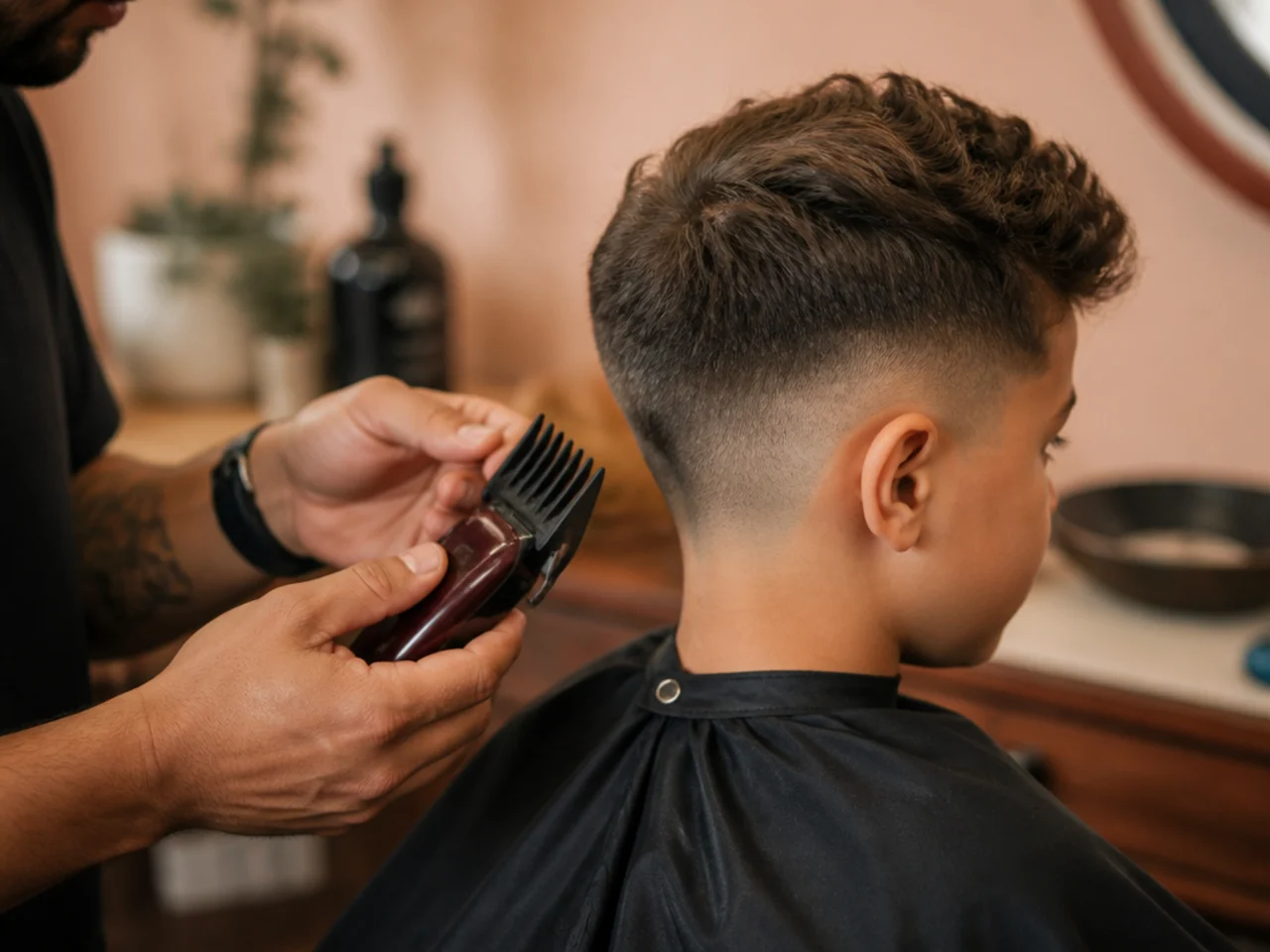 A barber setting a clipper guard on a boy's haircut