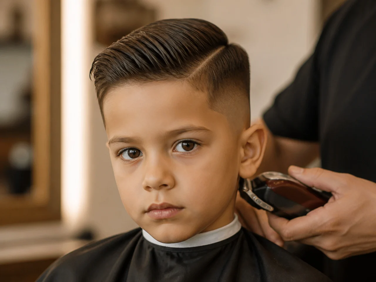 A boy having his neckline tidied with clippers