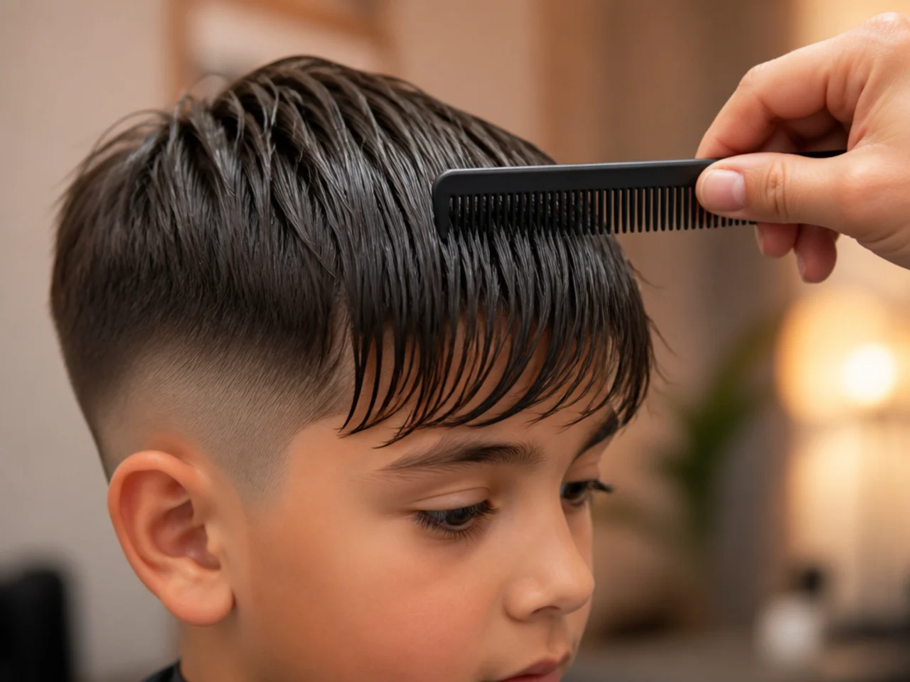 A boy's fringe being combed forward after washing