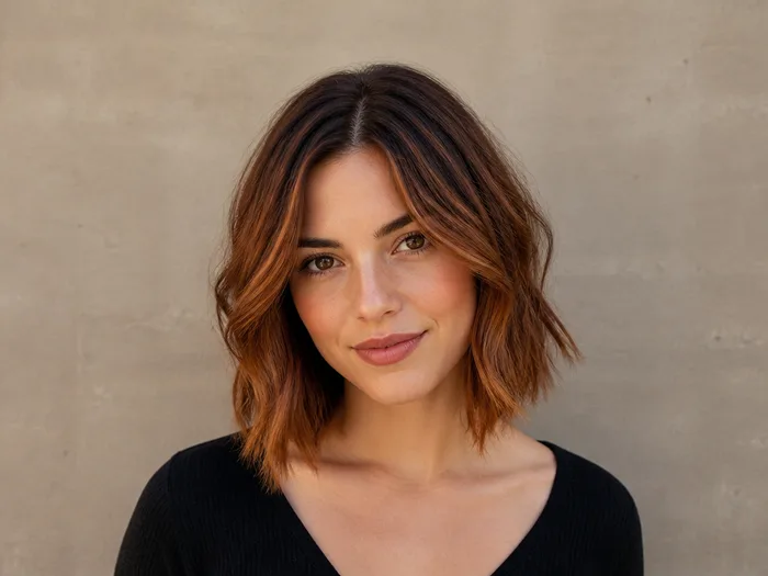 Shoulder-length lob haircut with rust copper balayage, muted earthy copper tones