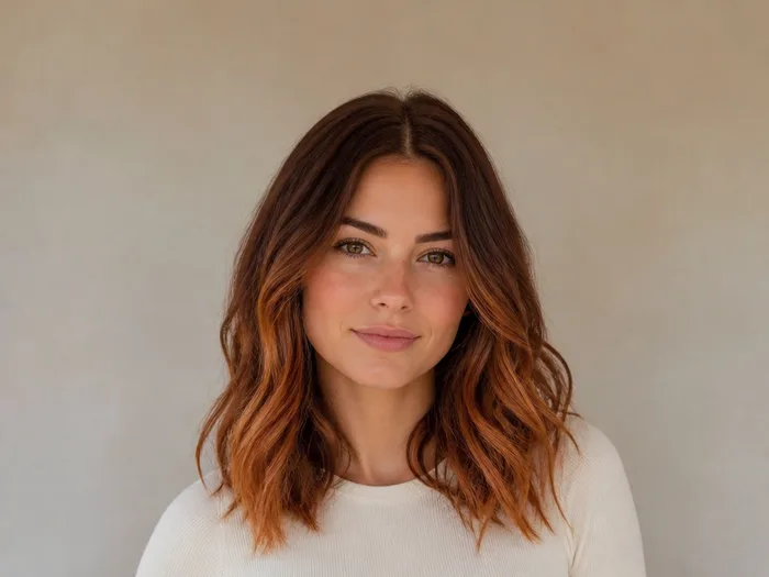Woman with long layered hair in a spiced cinnamon copper melt, warm reddish-brown tones
