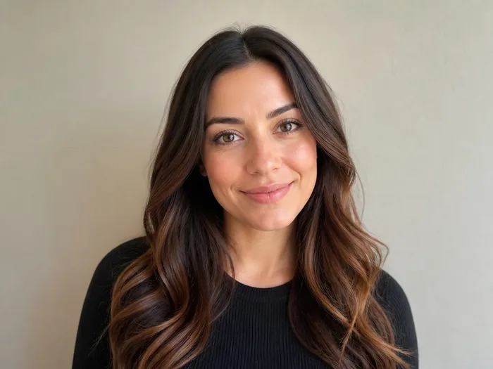 Dark brunette hair with glowing copper balayage painted through the mid-lengths and ends