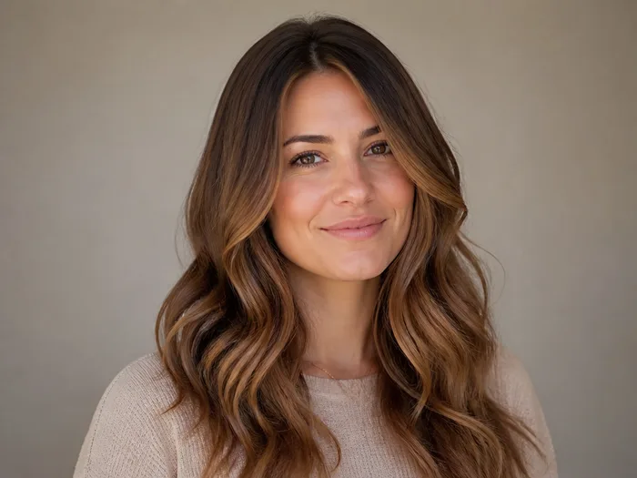 Soft copper blonde balayage on long hair, delicate strawberry-copper tones over a light blonde base