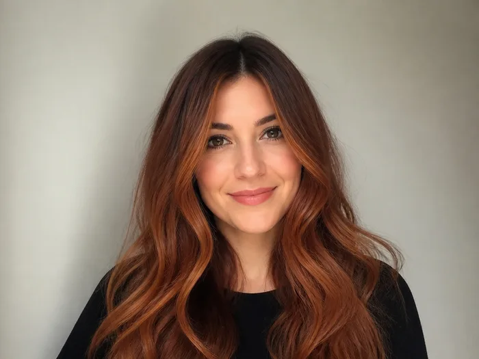 Long hair with bold burnt orange copper balayage, saturated fiery orange tones through the ends