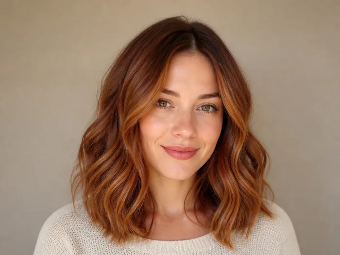 Auburn hair with a copper melt balayage, deep red-brown base brightening to copper ends