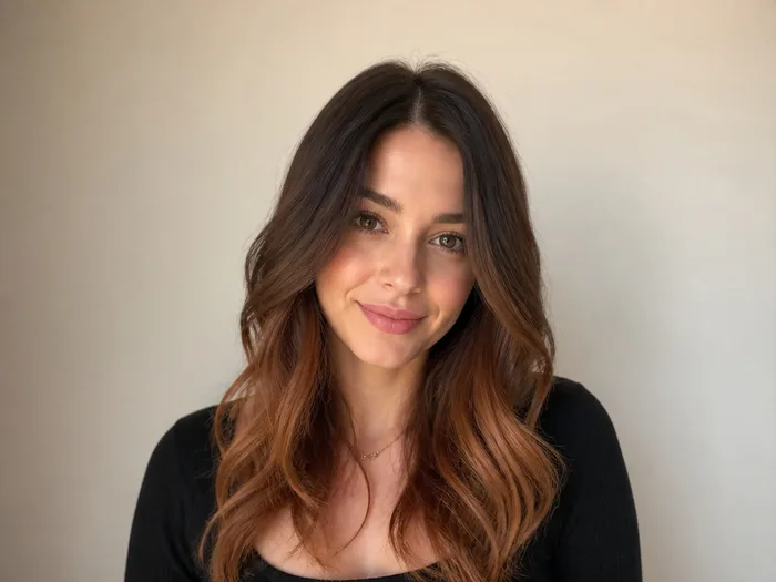Espresso dark brown roots melting into bright copper ends, dramatic ombre balayage on long hair