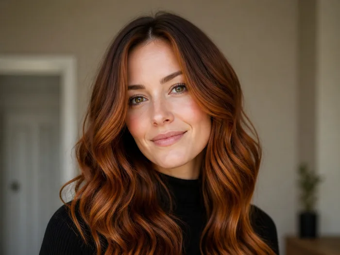 Woman choosing between copper balayage shades, hair color swatches against autumn light