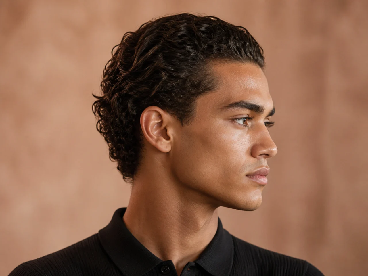 Young teen boy with a curly slick back and softly tapered sides