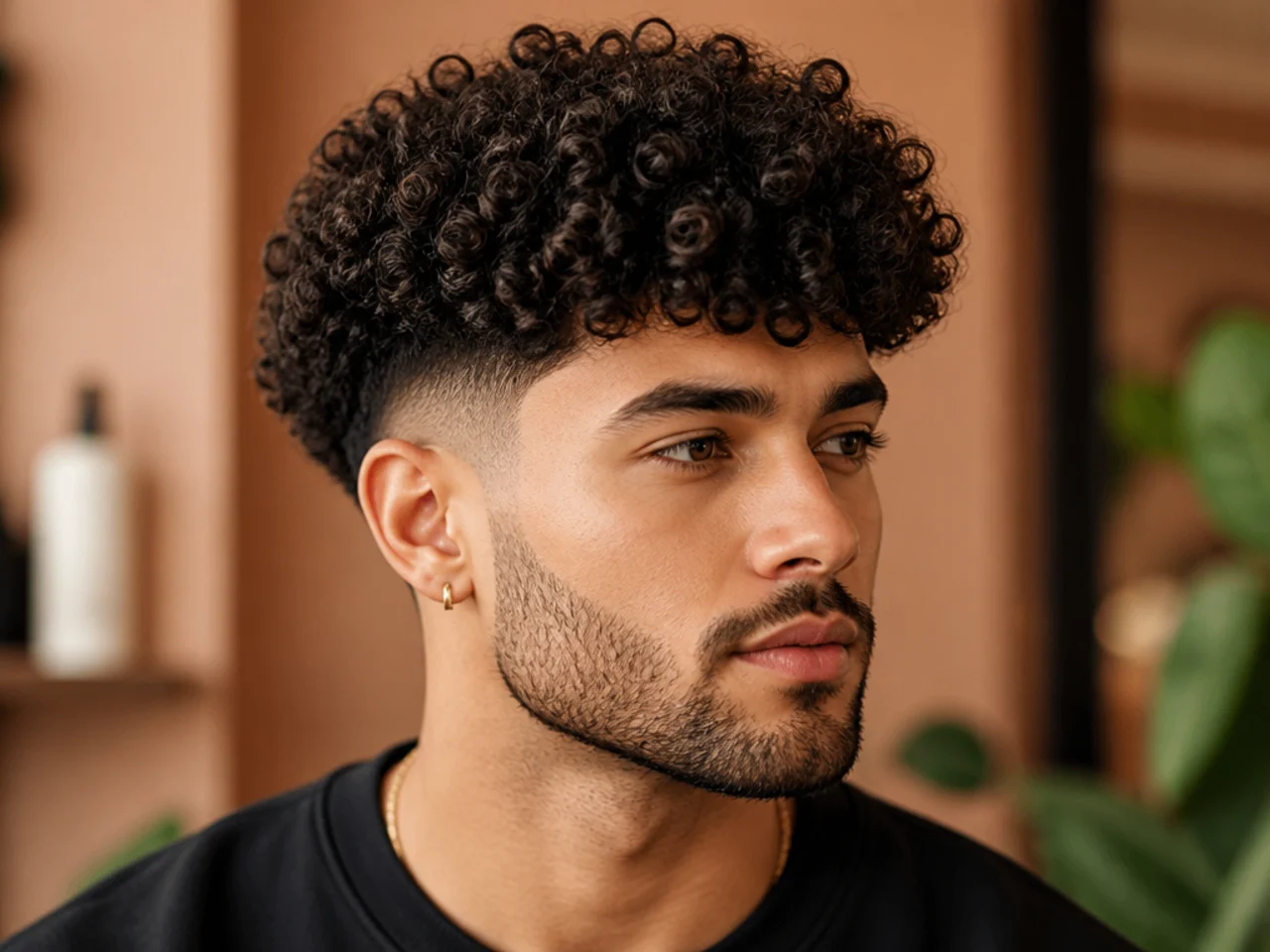 Young teen boy with a curly broccoli cut showing volume on top and high fade at the sides