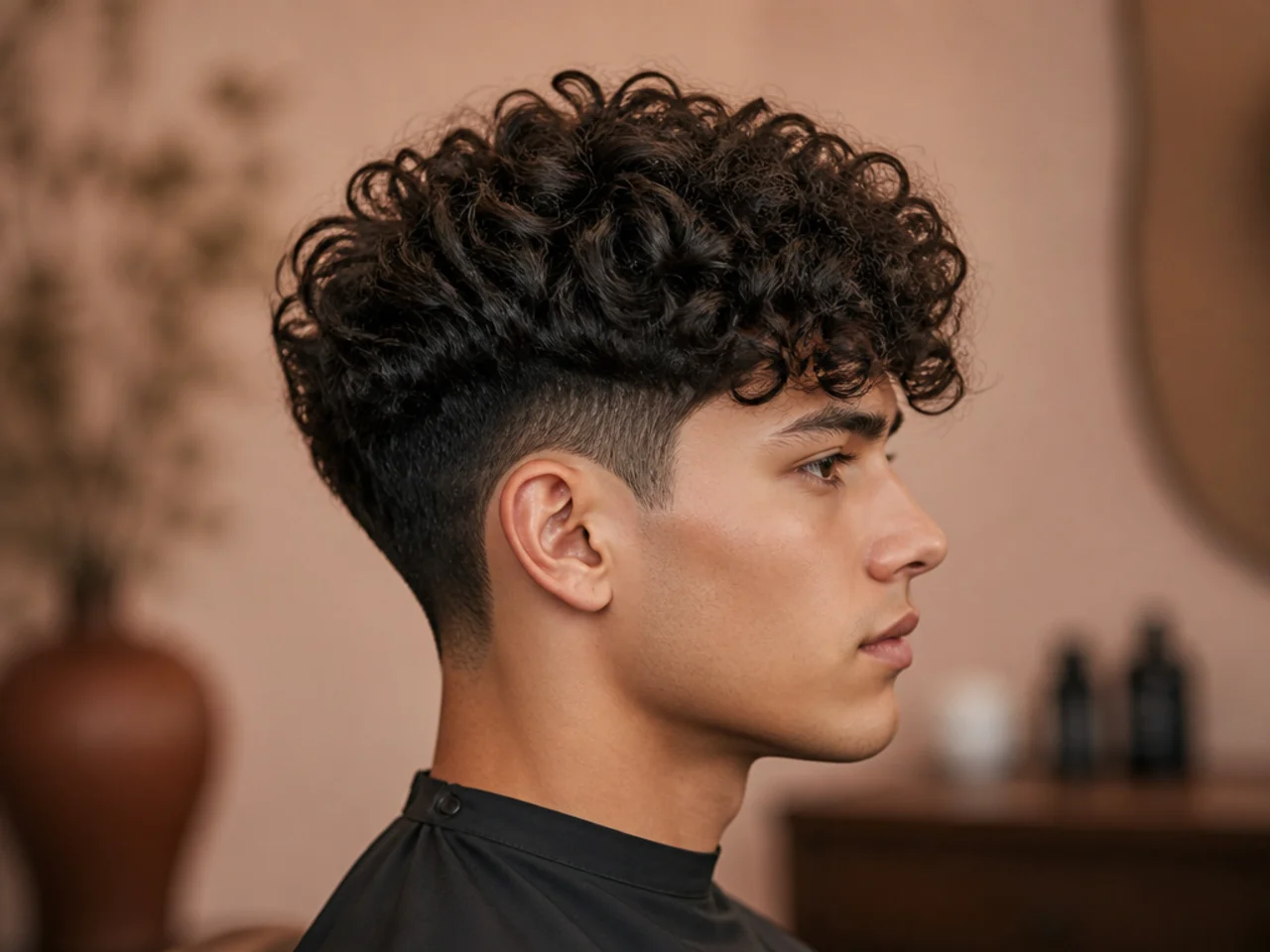 Young teen boy with a curly two block cut showing long top and clipped short sides