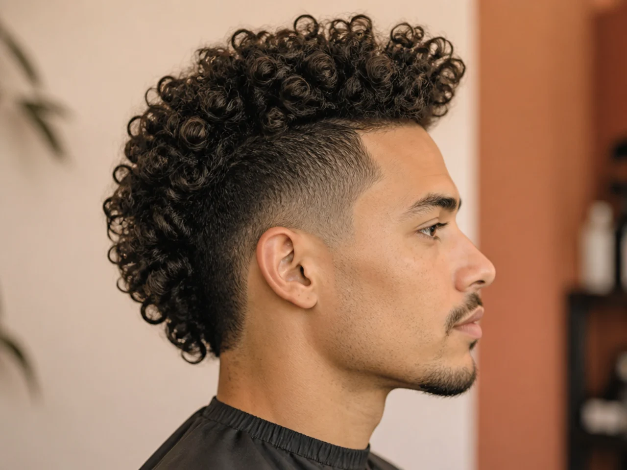 Young boy with a curly mohawk showing height at the crown and tapered sides