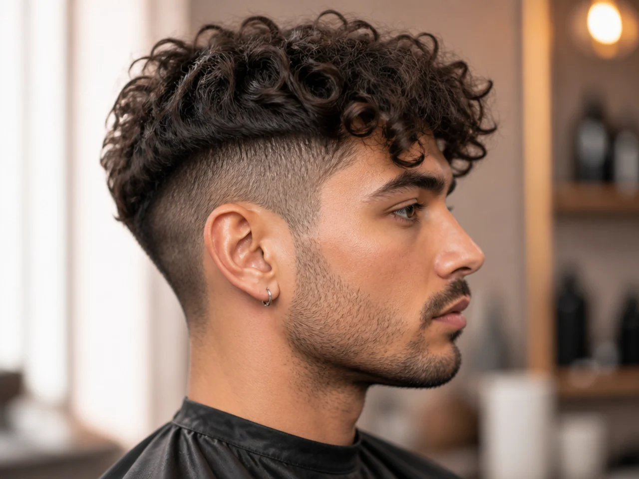 Young boy with a curly undercut showing hard side disconnection and curled top