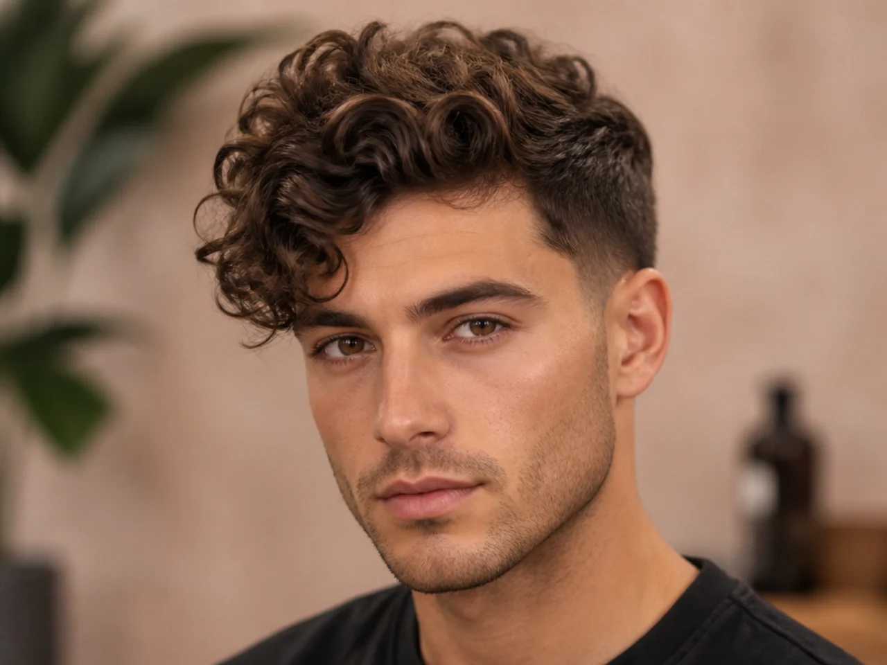 Young boy with a curly comb over swept softly to one side