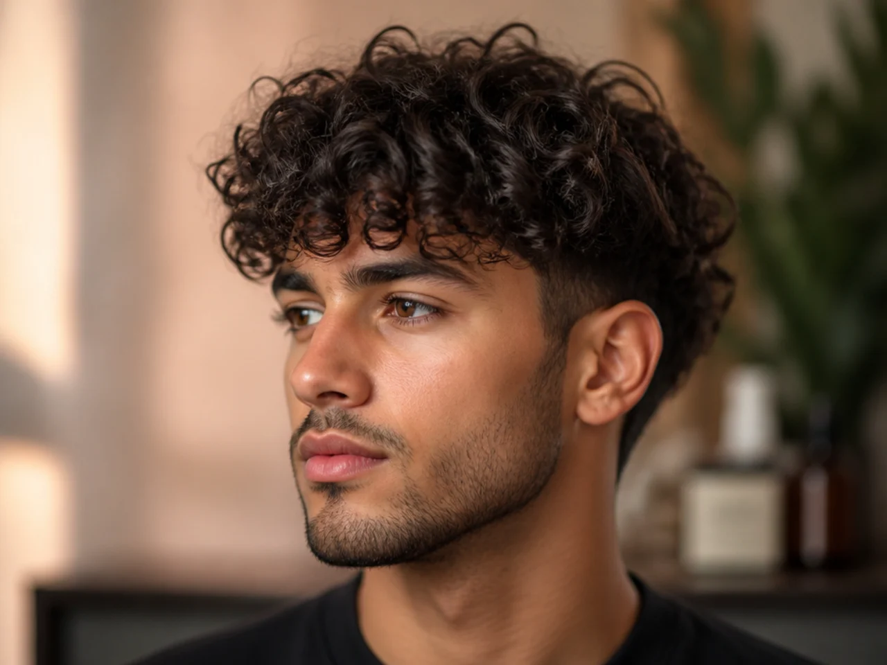 Young boy with a curly fringe falling forward over the brow