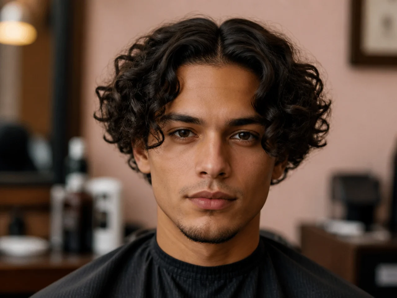 Young teen boy with a curly middle part falling to either side