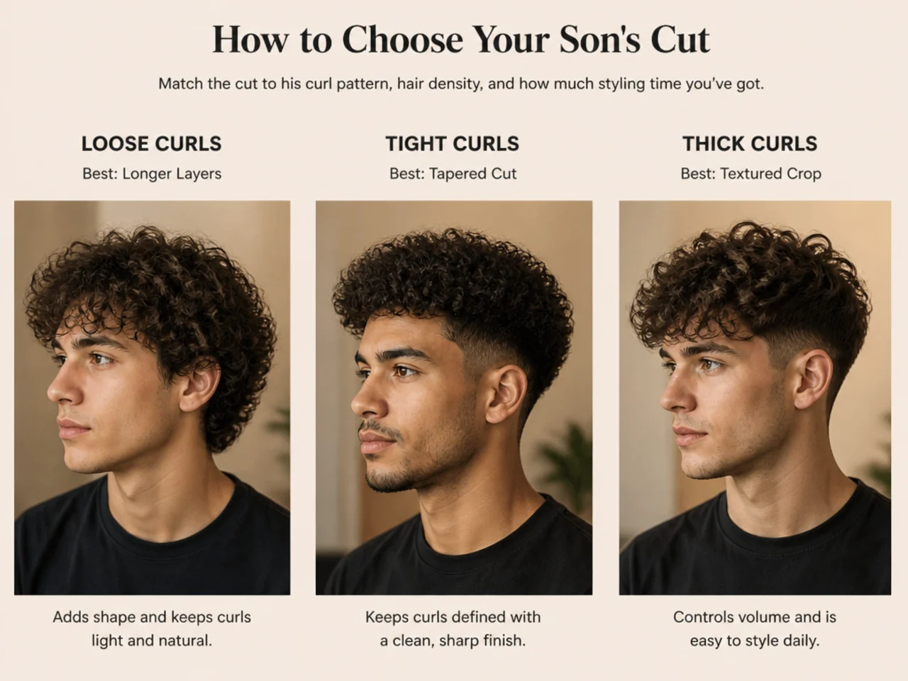 Three boys of different ages with different curly haircut styles