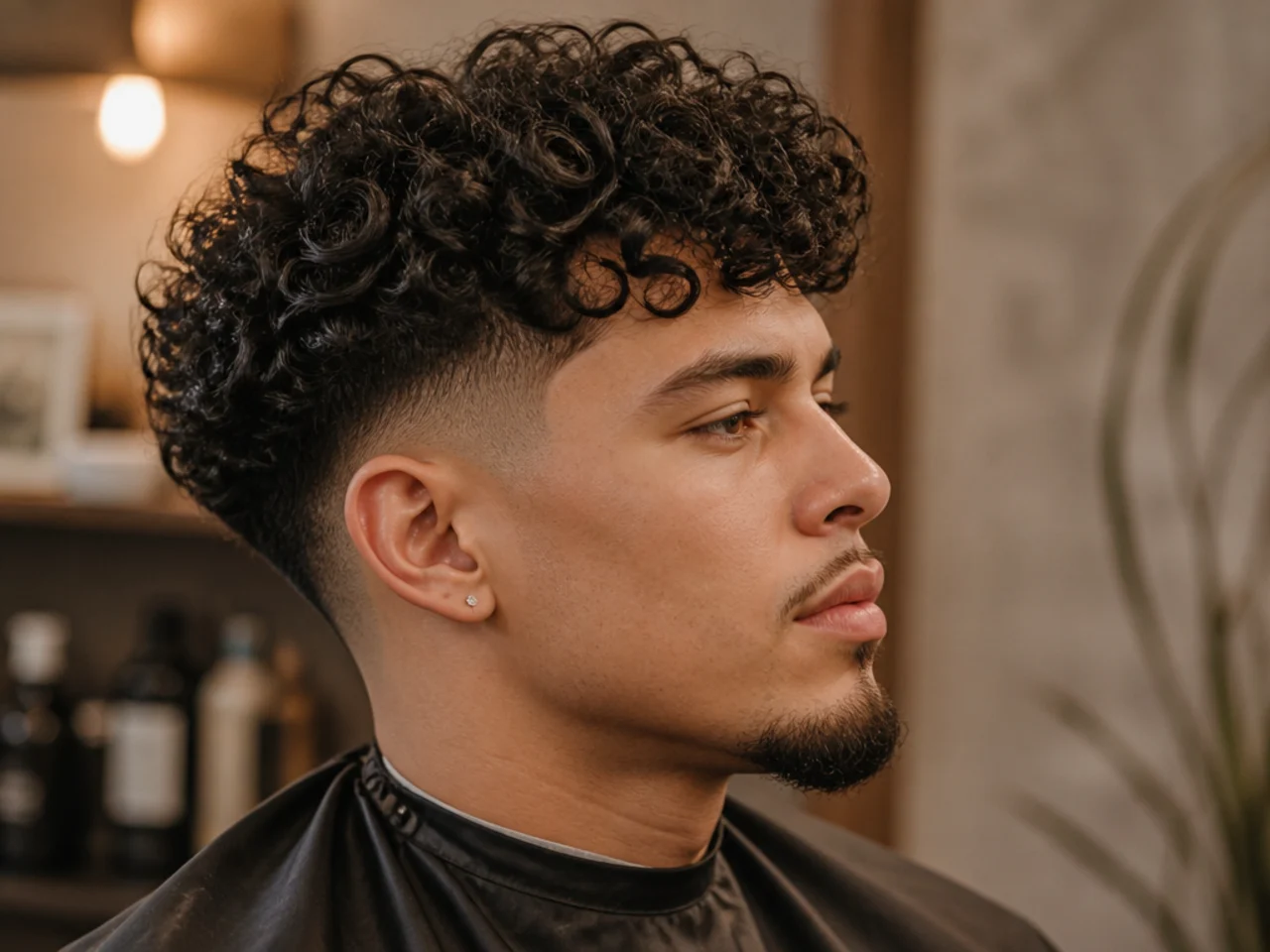 Curly hair products for boys — leave-in conditioner, curl cream, and a wide-tooth comb on a warm background