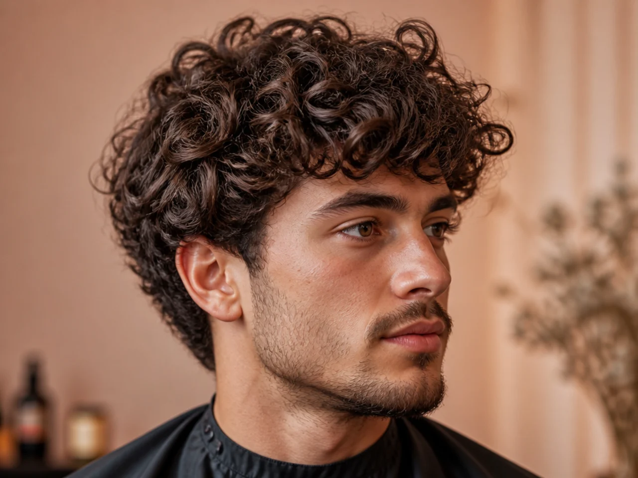 Side profile of a young boy showing natural curl pattern and short tapered sides