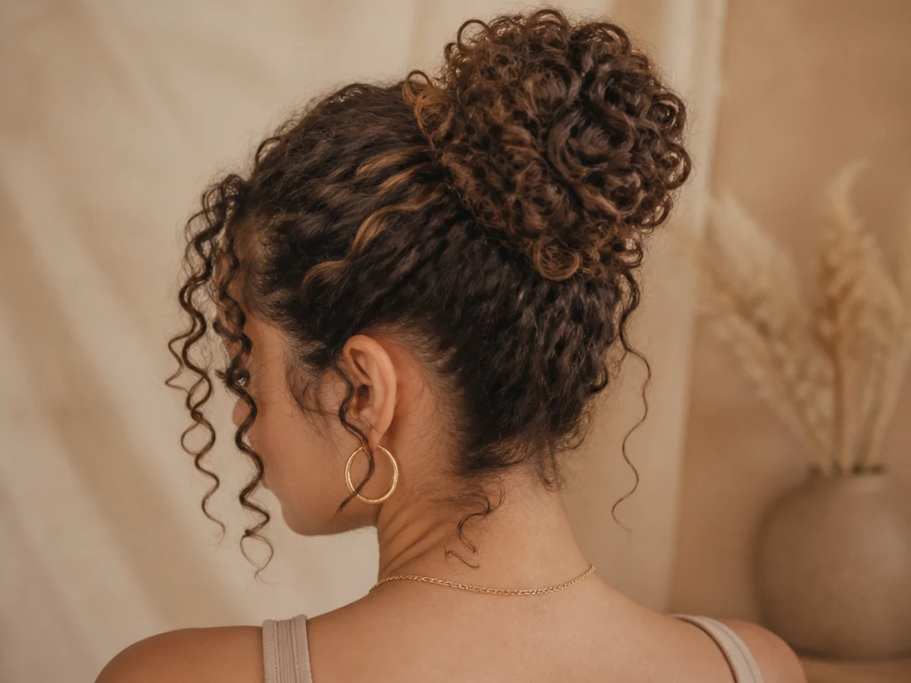 A curly bun with front curls left out
