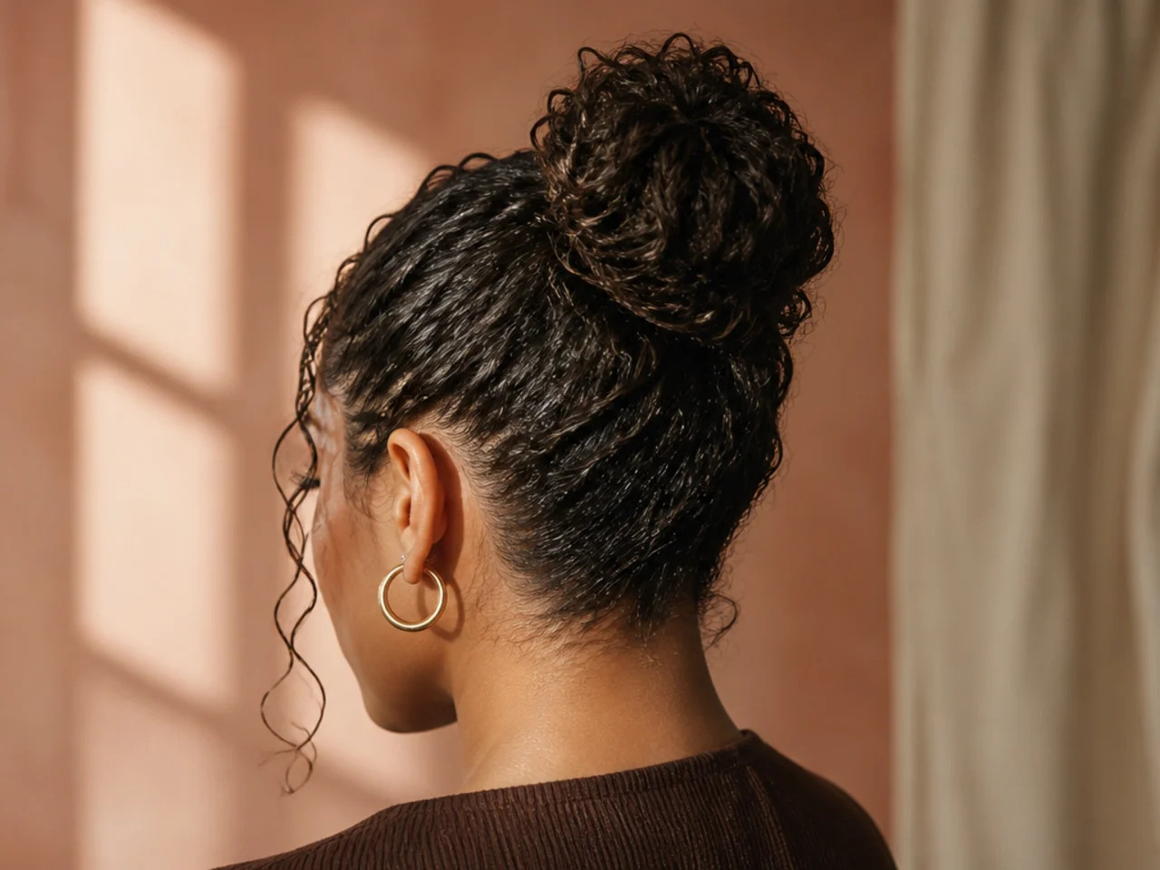 A curly bun gathered on damp hair