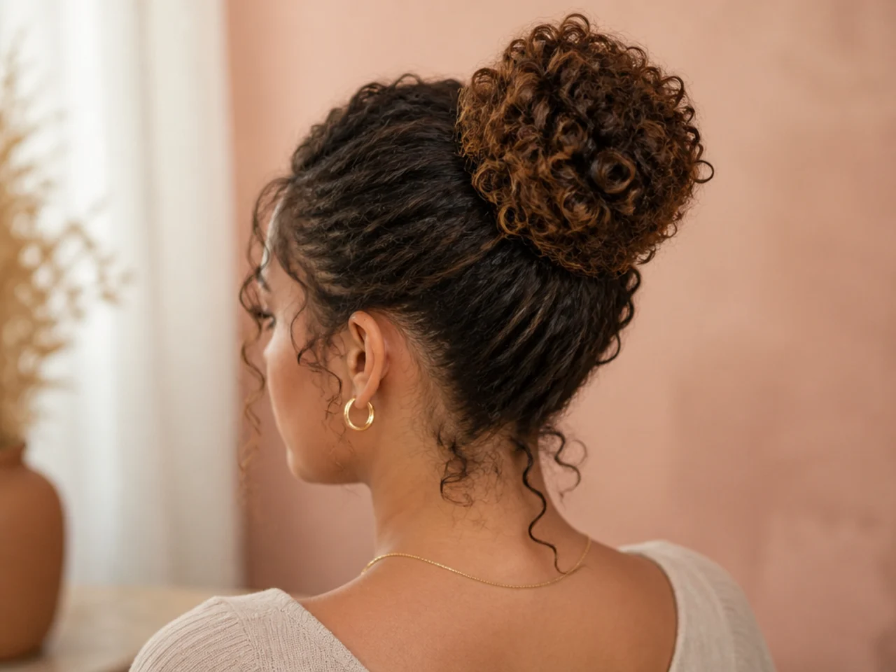 A curly bun on refreshed second-day curls
