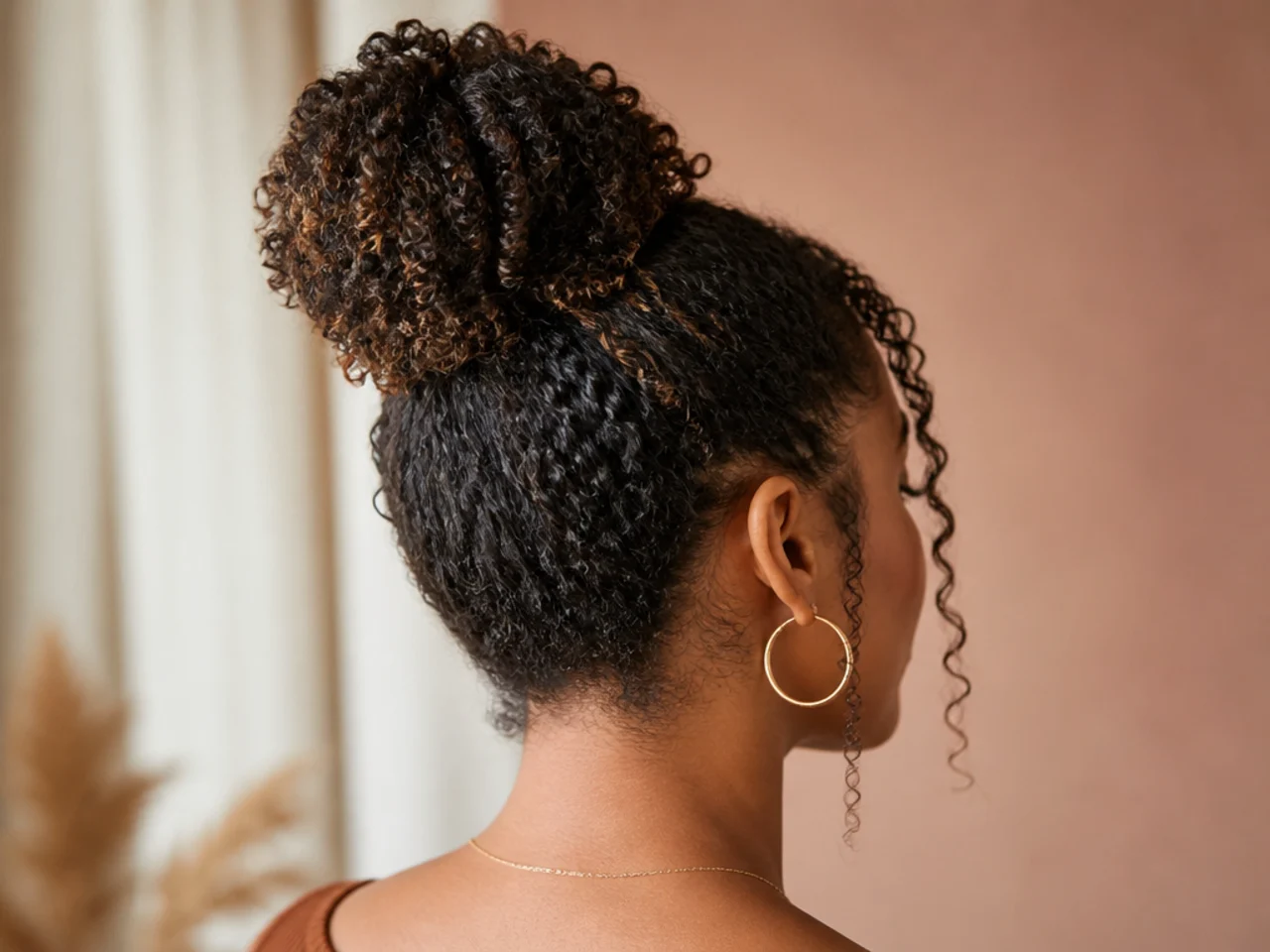 A curly bun on coily hair
