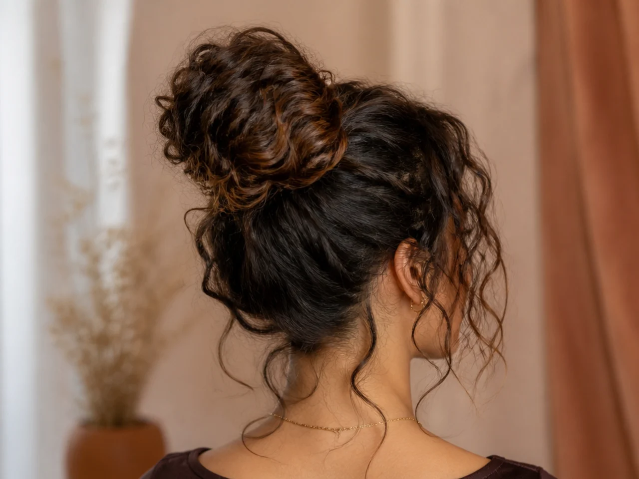 A bun on loosely wavy hair