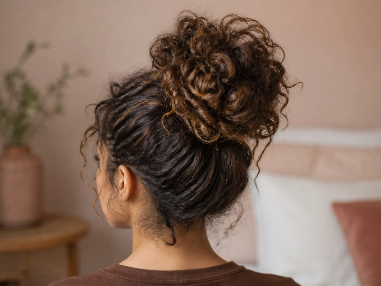 A loose high curly bun for sleeping