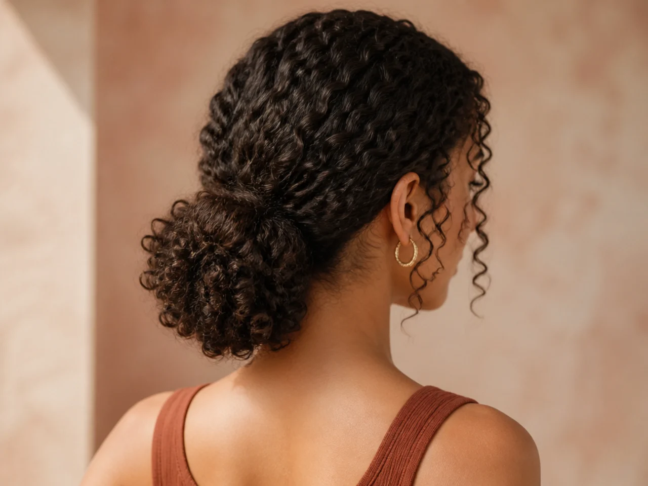 A low puff bun on curly hair