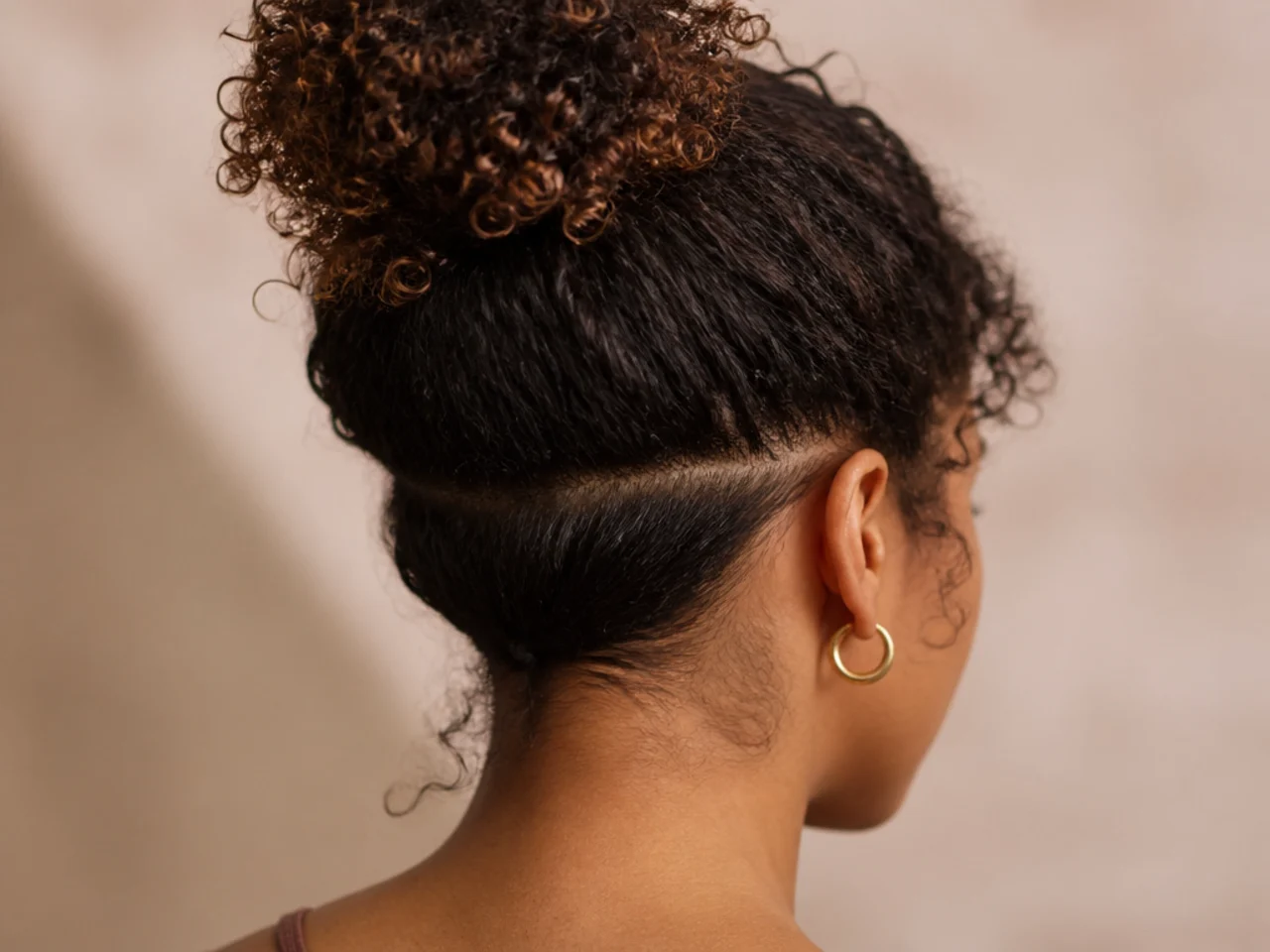 A compression dent in curly hair from a tight elastic