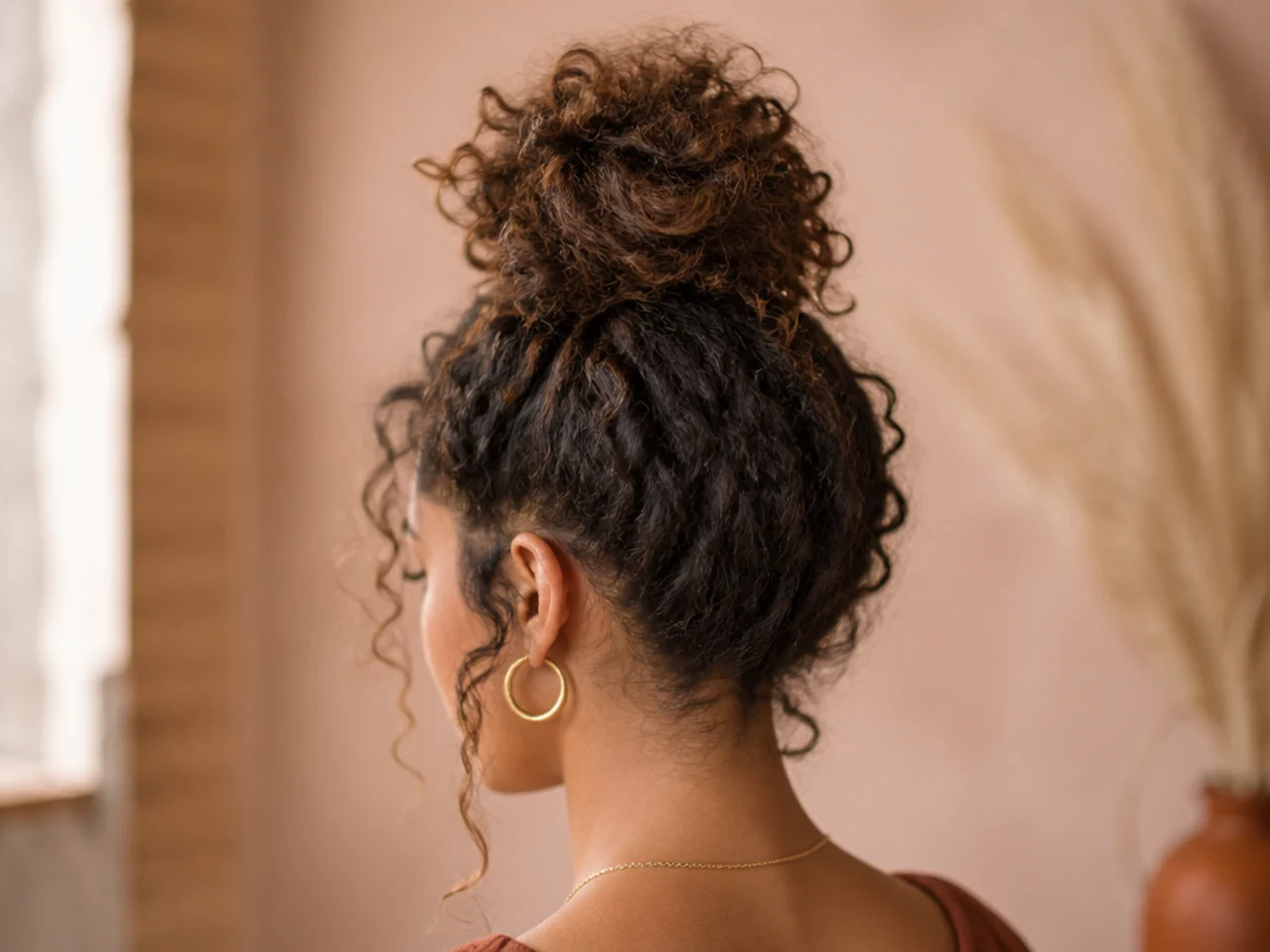 A loose curly top knot