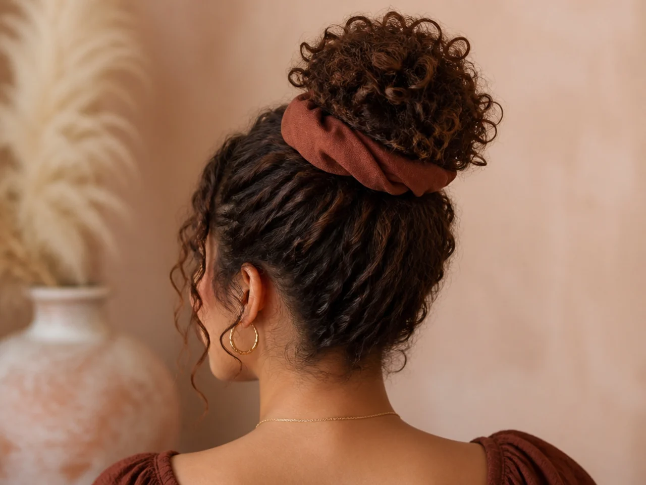 A curly bun with a wide scrunchie