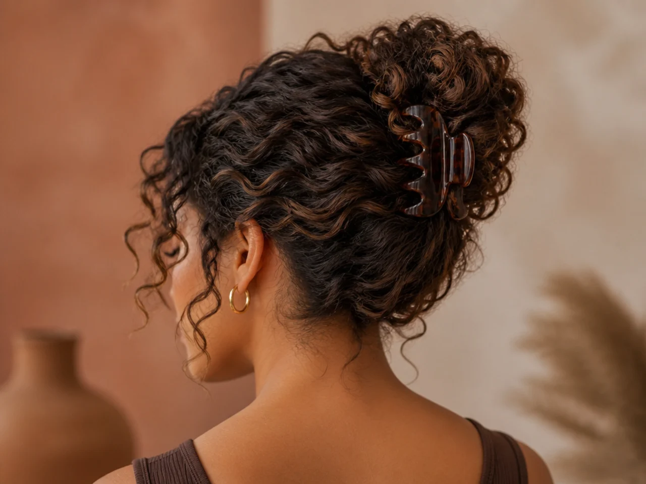 A curly bun held with a claw clip