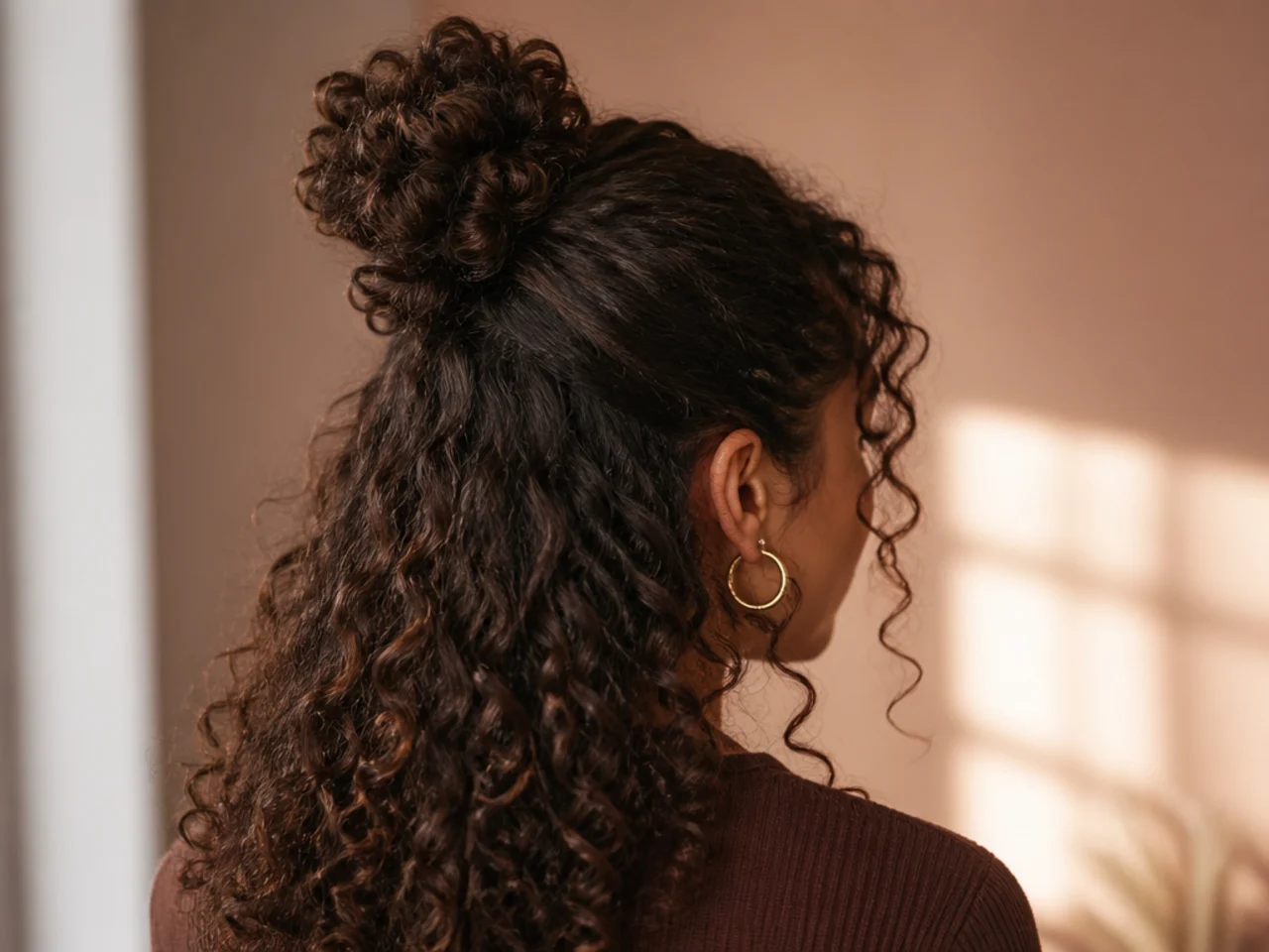 A half-up curly bun