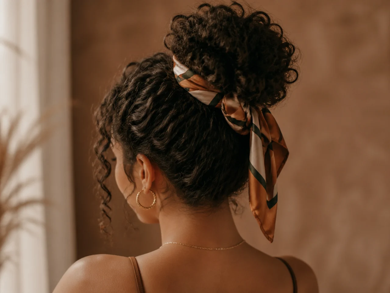 A curly bun tied with a silk scarf