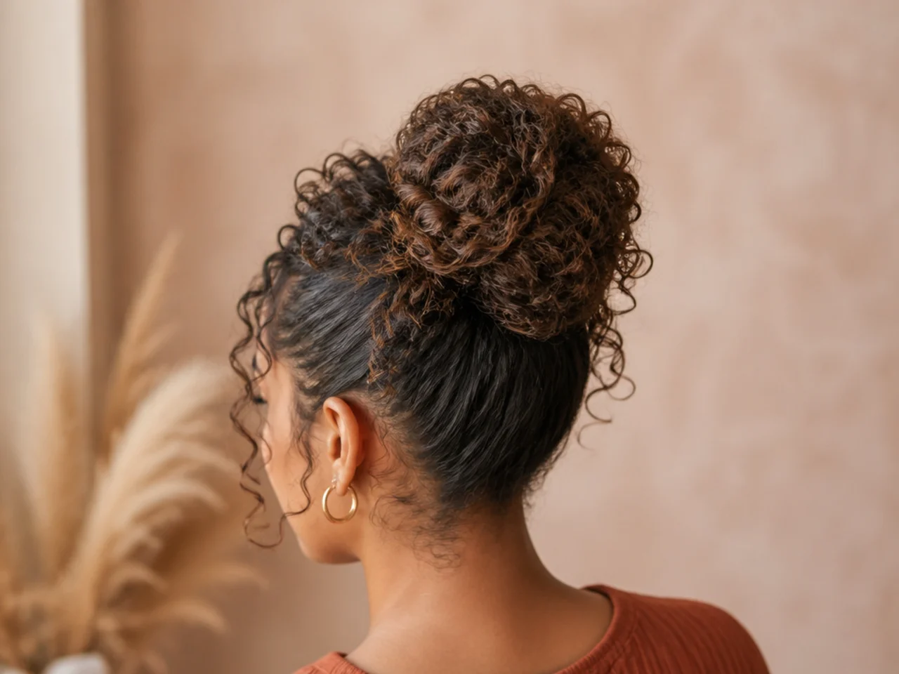 Three-quarter view of a finished curly bun