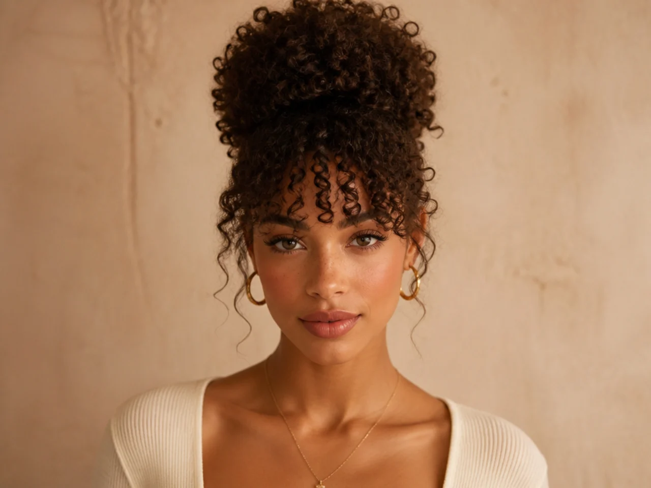 A curly fringe worn with a high puff