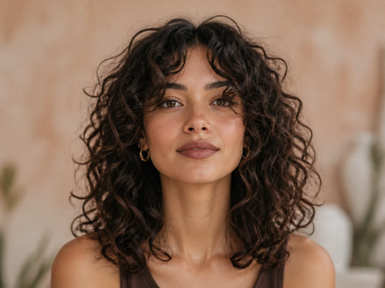 A grown-out curly fringe parted in the middle