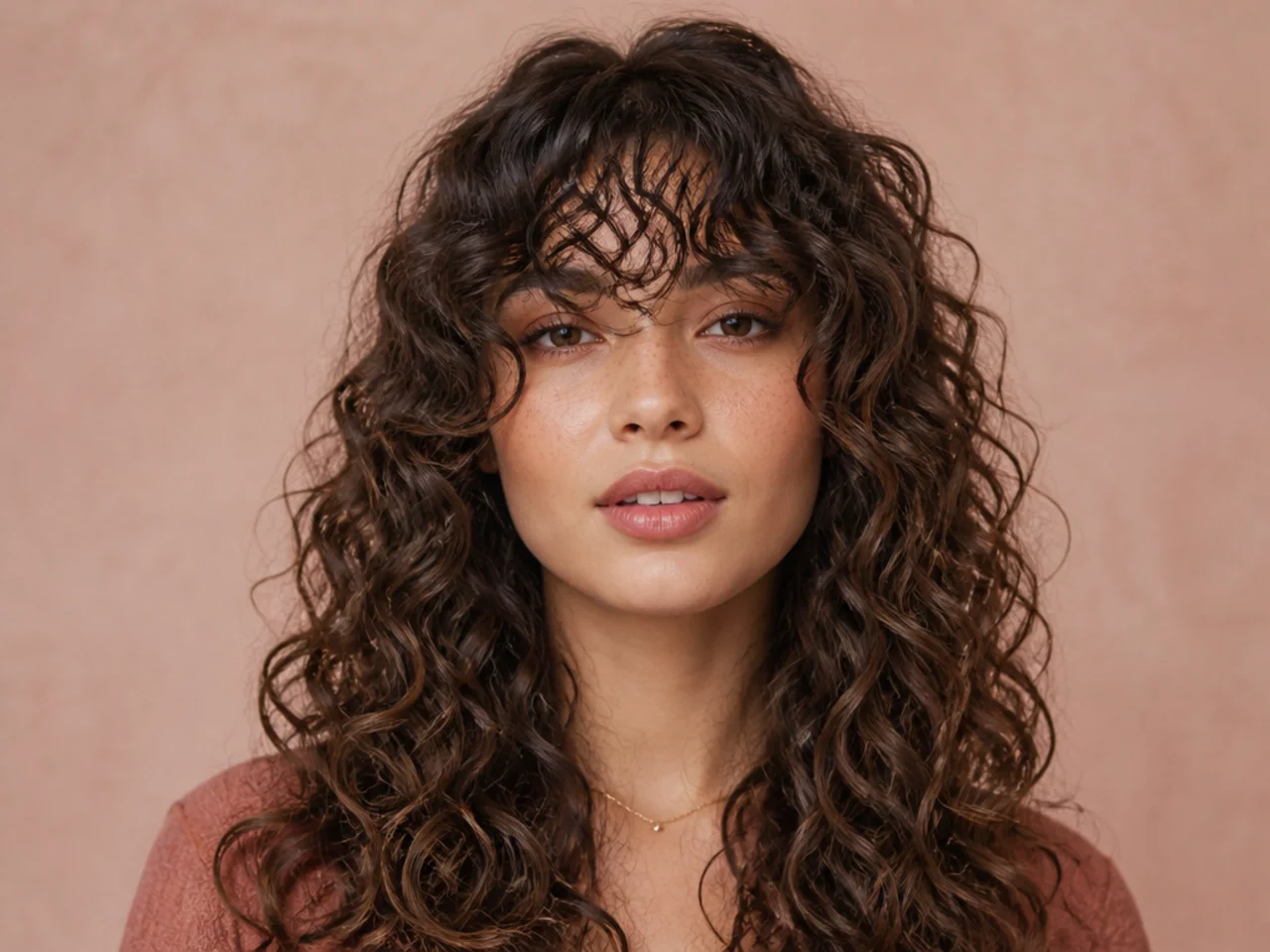 Long curly French bangs at lash level