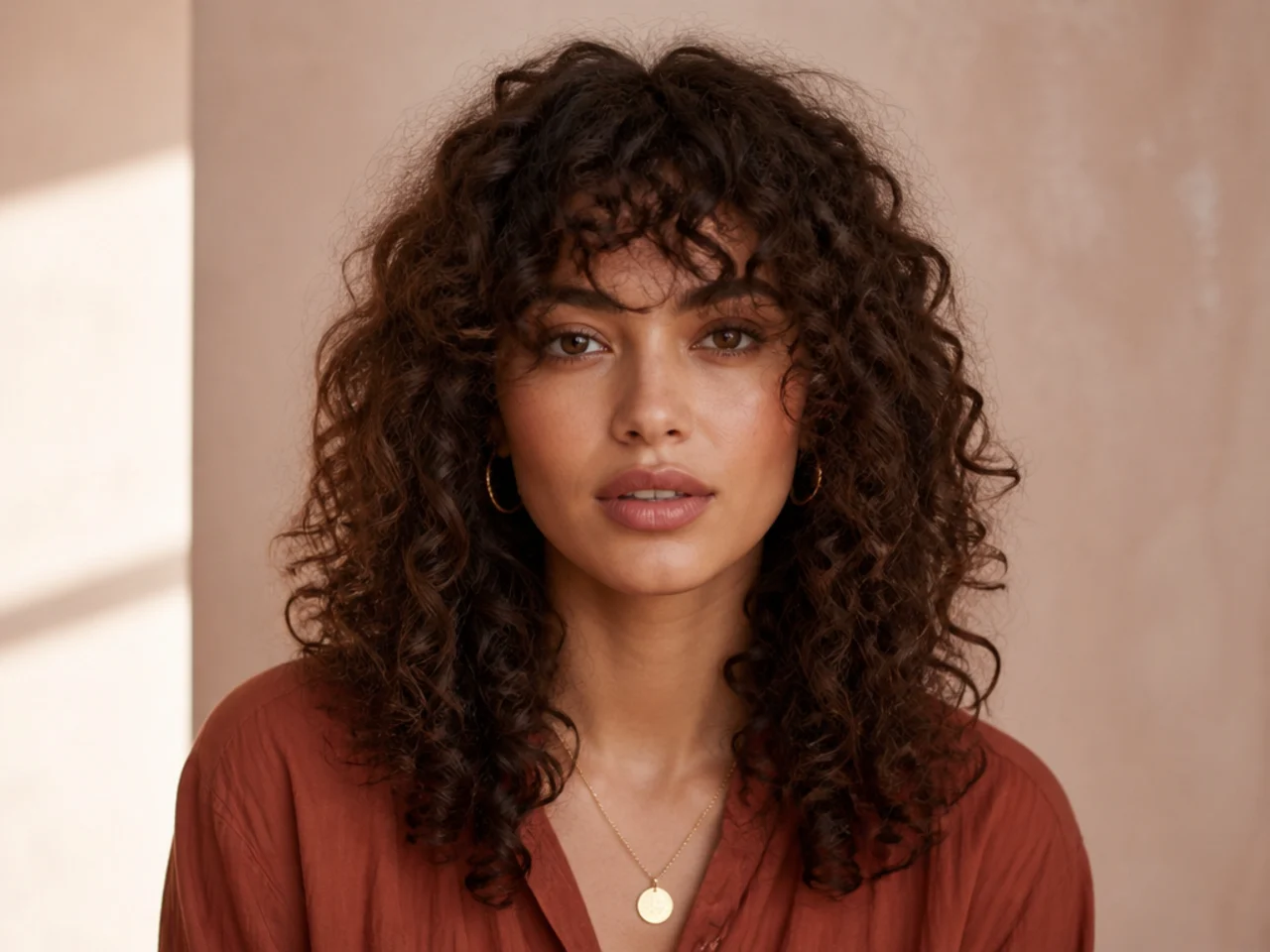 Curly bangs blending into face-framing coils